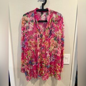 Ralph Lauren Pink Floral Sheer Silk Tunic Blouse Women’s Plus Size 1X EUC